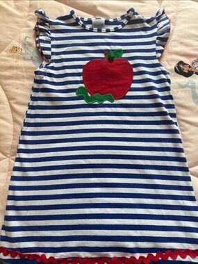 Bailey Boys Blue & White Striped Girls Dress with Red Apple Applique